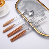 日式木柄不銹鋼餐具實(shí)木柄筷子餐刀叉子勺子禮品餐具批發(fā)激光刻字