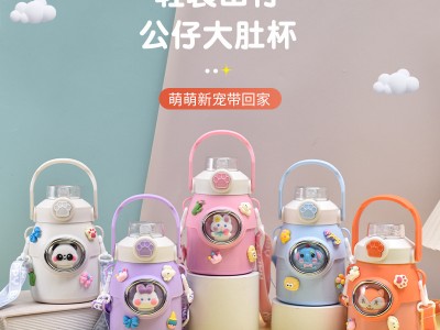 網紅爆款公仔兒童壺手提卡通學生吸管杯手提316不銹鋼兒童保溫杯